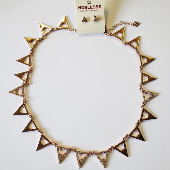 Rose Gold Tone Rhinestone Triangle Collar Necklace Earring Set NEW - Picture 3 of 3